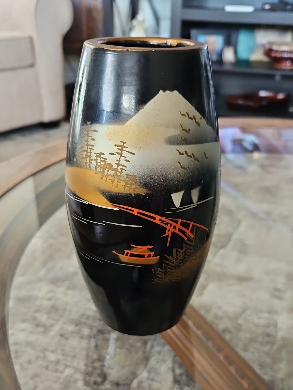 Vintage Japanese Black & Gold Landscape Vase - Mt Fuji and Red Bridge